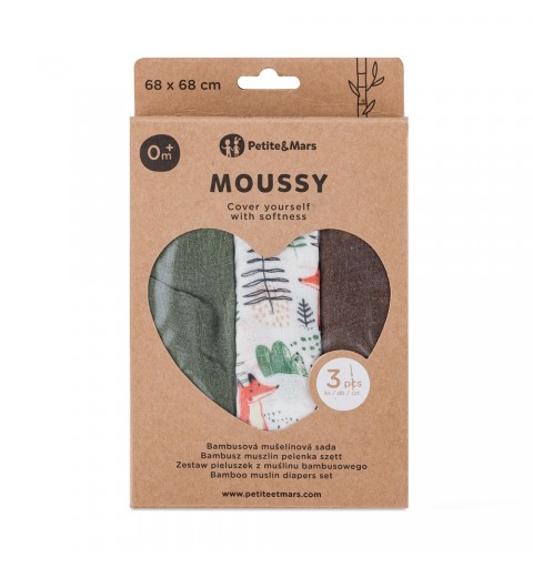 Petite&Mars Moussy - 3 pieluchy bambusowe 68x68 | Forest Fox